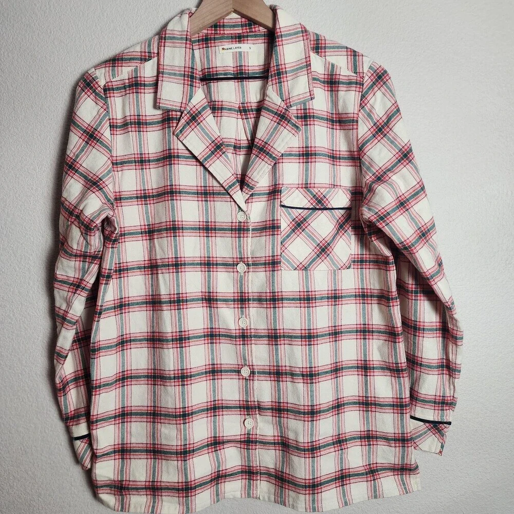 Marine Layer Pajama Top Womens Small White Plaid Flannel Button Up Holiday PJ
